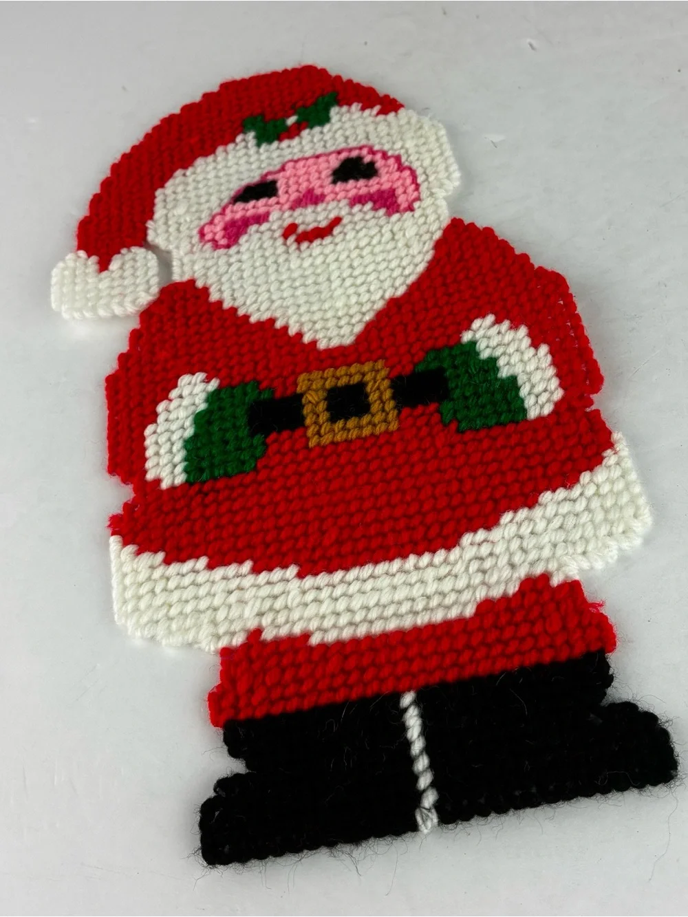 Hand Crafted Vintage Plastic & Yarn Hooked Santa & Noel Wall Hangings Set of 2